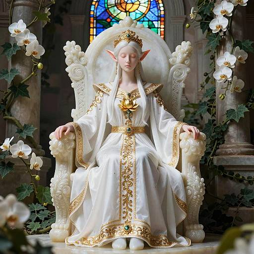 Digital artwork of an elf queen with pale skin, long white hair, and pointed ears, wearing an ornate white and gold robe, seated on a