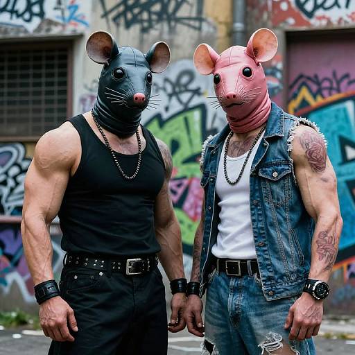 Photograph of two muscular men wearing rat masks, black and denim outfits, tattoos, and chains, standing in a graffiti-covered urban alley.