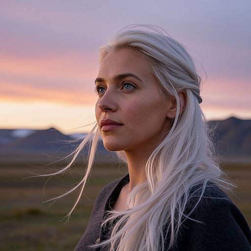 Photograph of a white woman with long, platinum blonde hair, blue eyes, and fair skin, wearing a black top, standing outdoors at sunset with