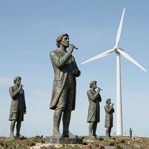 Photograph of four bronze statues of men singing, with a large white wind turbine in the clear blue sky background.