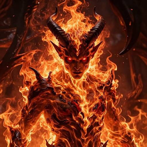 Digital artwork of a demonic figure with glowing red eyes, black horns, and fiery orange flames engulfing its dark, muscular body.