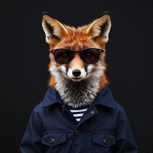 Photograph of a realistic fox head with orange fur, white muzzle, black sunglasses, and wearing a dark blue jacket with black-and-white striped shirt underneath