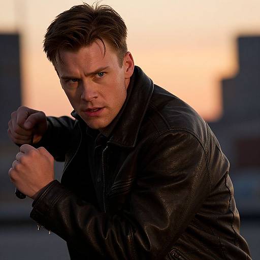 Photograph of intense, muscular man with short brown hair, wearing black leather jacket, fists raised, preparing to punch, sunset background.