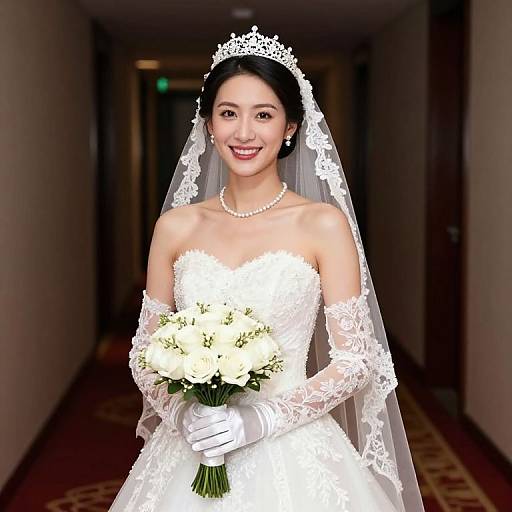 Photograph of a smiling Asian bride in a white lace wedding dress, veil, and gloves, holding a bouquet of white flowers, standing in a dim