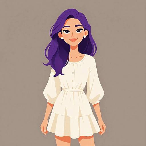 Digital illustration of a smiling woman with long purple hair, wearing a white, long-sleeved, button-up dress, standing against a gray background.