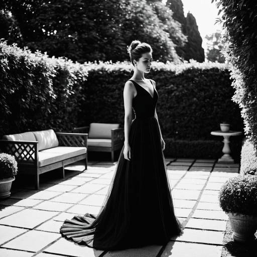 Elegant Woman in Gown on Garden Terrace