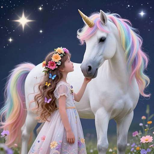 Photograph-like digital artwork of a girl with a flower crown and white dress, gently touching a white unicorn with a rainbow mane, under a starry