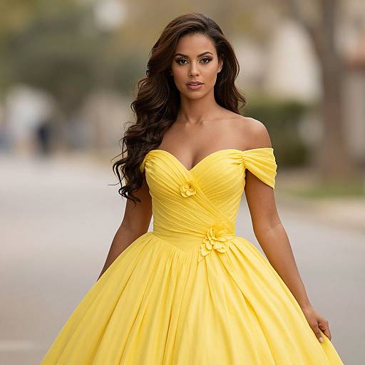 Photograph of a beautiful woman with long, wavy brown hair in a strapless, bright yellow, off-the-shoulder ball gown, standing