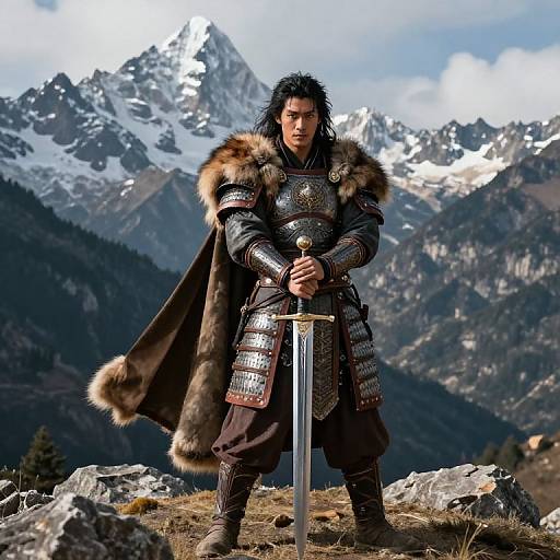 Photorealistic image of a serious, dark-haired warrior in medieval armor with fur trim, standing with a sword in a snowy mountain landscape.