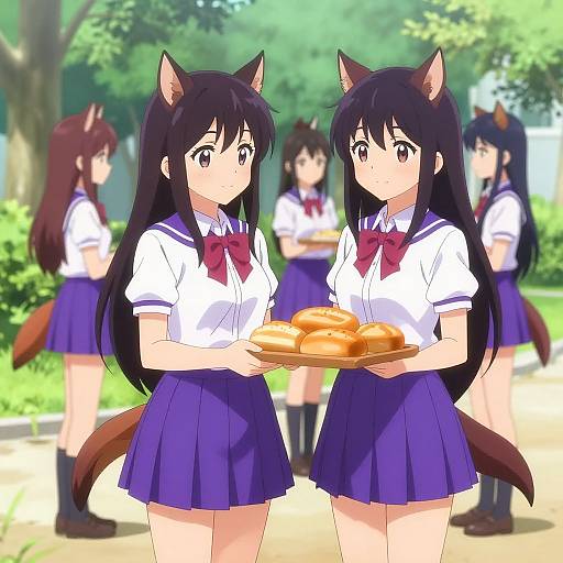 Anime-style digital illustration of two cat-eared girls in school uniforms, holding a tray of pastries, with blurred background of other cat-eared girls