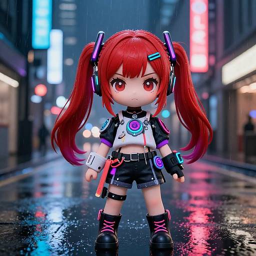 CGI chibi-style girl with red pigtails, neon headphones, cyberpunk outfit, standing in a rainy, neon-lit city street at