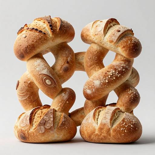 Photograph of two twisted, golden-brown, crusty pretzels stacked against each other, with visible sesame seeds and detailed textures, set against