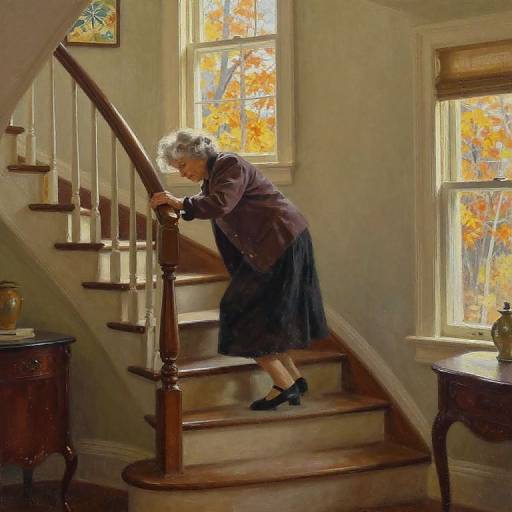 Photograph of an elderly woman with short gray hair, wearing a brown jacket and black skirt, ascending a wooden staircase in a sunlit room with autumn