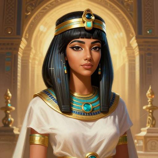 Digital art of an Egyptian queen with dark blue bob haircut, gold headpiece, turquoise jewels, white robe, glowing archway background.
