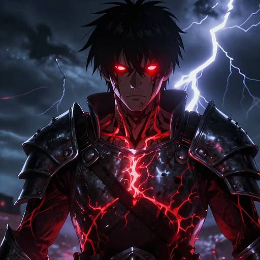 Digital anime artwork of a dark-haired, red-eyed warrior with glowing red veins in black armor, lightning in stormy night sky.