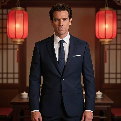 Photograph of a handsome, serious-looking man with dark hair in a black suit, white shirt, and black tie, standing in front of red lantern