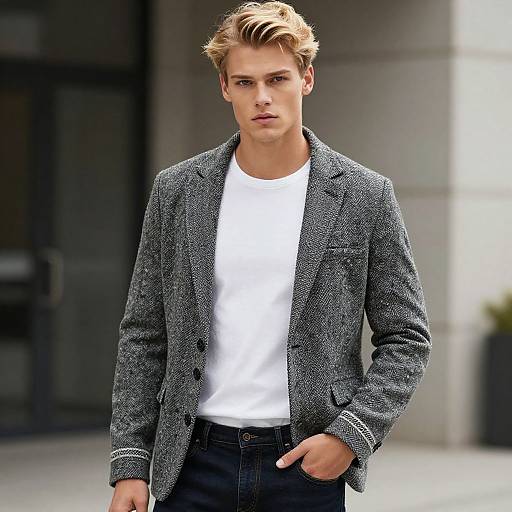Photograph of a handsome young man with blonde hair, wearing a gray herringbone blazer, white shirt, and dark jeans, standing outdoors with
