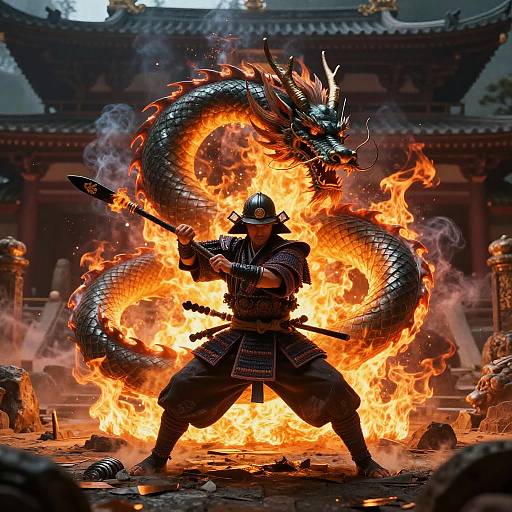 Digital artwork of a samurai warrior wielding a spear, surrounded by a fiery dragon, in a traditional Japanese temple setting.