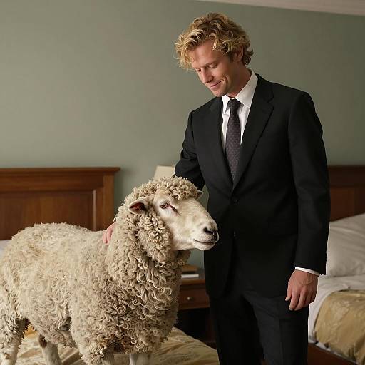 Man in Suit with Sheep in Bedroom