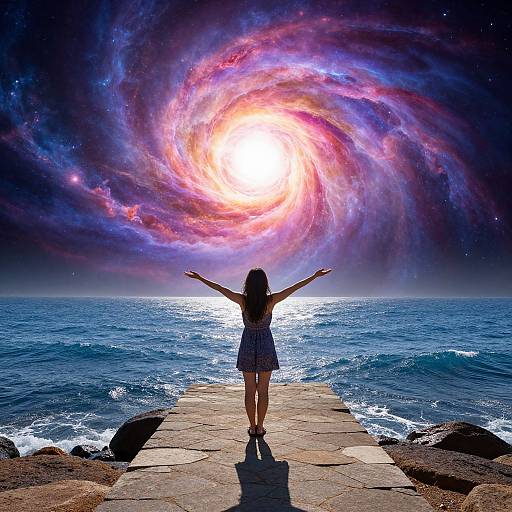 Woman with arms outstretched stands on rocky pier, facing vibrant, glowing galaxy over ocean; digital art with surreal, cosmic elements.