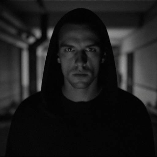 Dark, moody photograph of a man with a serious expression, wearing a hood, standing in a dimly lit, blurred hallway.