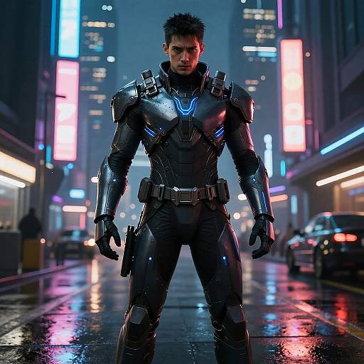 CGI image of a muscular man in a futuristic black armored suit with blue lights, standing in a neon-lit, rainy city street at night.