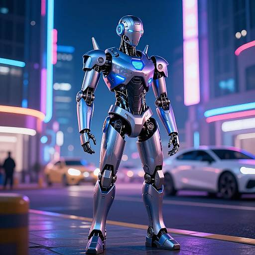 CGI image of a futuristic, silver humanoid robot standing on a neon-lit city street at night, with blurred cars and buildings in the background.
