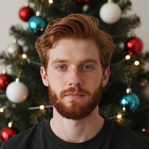 Photograph of a red-haired, bearded man with blue eyes, wearing a black shirt, standing in front of a Christmas tree with colorful ornaments and