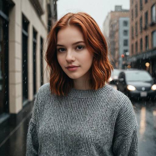 Young Redhead Woman in Grey Sweater on Rainy City Street