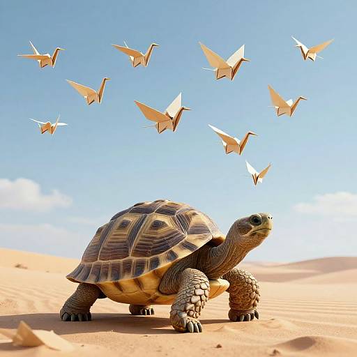 Photograph of a detailed, textured turtle in a sandy desert, with nine paper cranes flying against a bright blue sky.