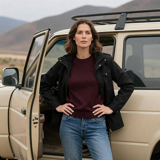 Confident Woman by SUV in Mountains