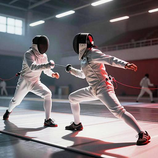 Photograph of two fencers in white uniforms and black masks, engaging in a duel on a brightly lit mat in a dimly lit gymnasium