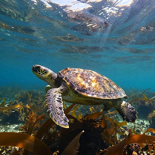 Photograph of a sea turtle swimming underwater, surrounded by colorful coral and seaweed, with sunlight filtering through the water's surface.