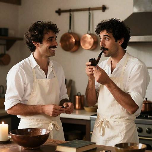 Two Men in Rustic Kitchen with Pipe and Aprons