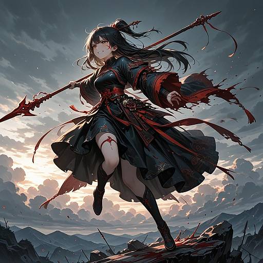 Angry Flying Girl with Spear