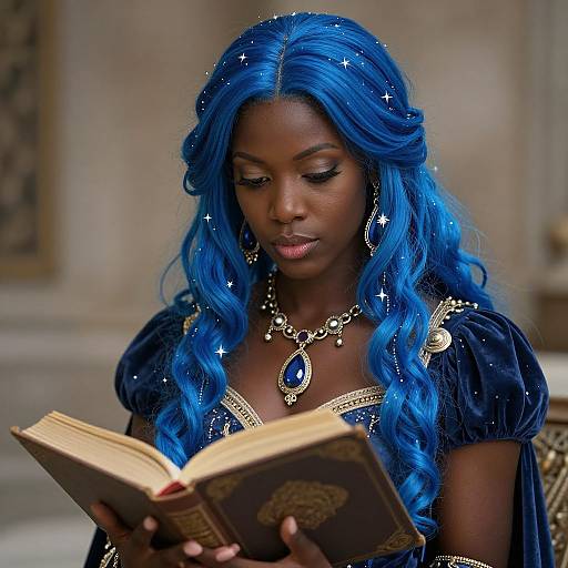 Photograph of an African woman with vibrant blue, star-studded hair, wearing a black, gold-embellished gown, deeply focused on an