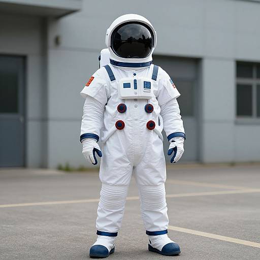 Photograph of a child-sized astronaut suit standing in an empty parking lot, with a grey building and windows in the background.