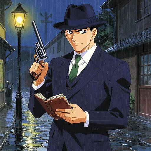 Digital anime-style illustration: Brooding, handsome man in black suit, green tie, and fedora holds gun, reading book in rainy, cobble