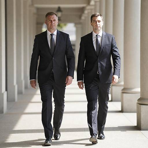Two Men Walking in Sunlit Walkway