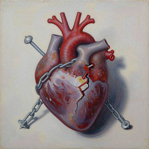 Realistic painting of a cracked, blood-stained human heart with chains and nails, symbolizing suffering, against a pale background.