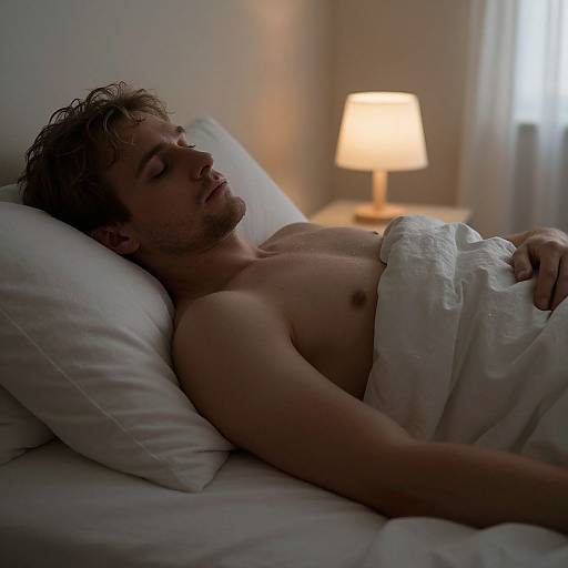 Photograph of a shirtless, muscular man with tousled brown hair, sleeping in a dimly lit bedroom, covered by a white blanket, with