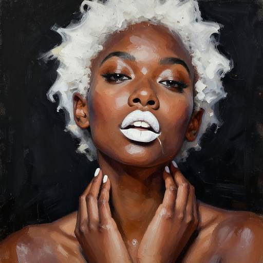 Digital painting of a dark-skinned woman with white, curly hair and white lipstick, hands gently touching her neck, against a black background.