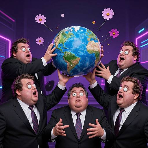 Photograph of six shocked, overweight men in black suits holding and staring at a cartoonish Earth with pink flowers above it, set against a neon purple