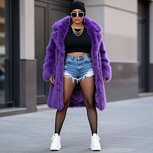 Photograph of a stylish woman with dark skin, black beanie, round sunglasses, black crop top, purple fur coat, high-waisted denim