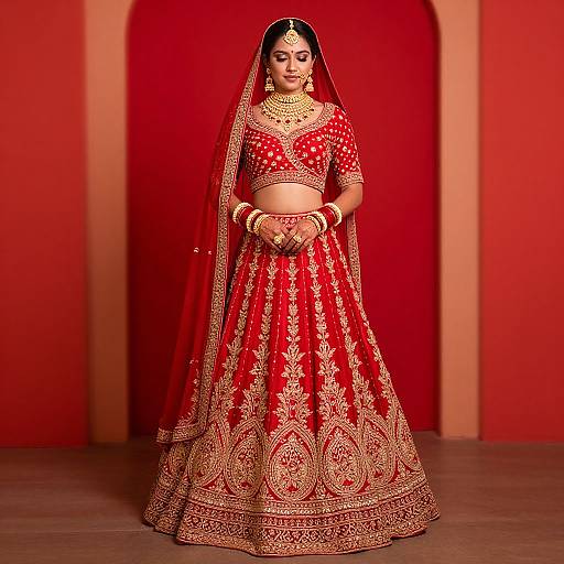 Photograph of a South Asian bride in a red and gold embroidered lehenga, matching dupatta, and jewelry, standing against a red arched background