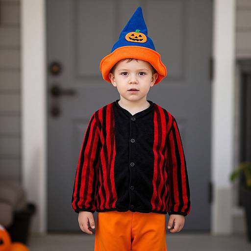 Photograph of a young boy in a blue witch hat with a pumpkin face, black and red striped shirt, and orange pants, standing in front of