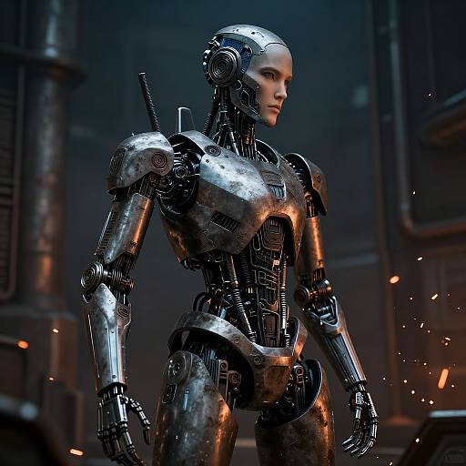 Photorealistic CGI of a female humanoid robot with shiny, metallic silver and black armor, standing in a dimly lit industrial setting with glowing orange sparks
