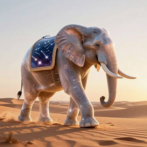 Photorealistic digital image of a large, detailed elephant in a desert, adorned with a starry blue saddle blanket, standing on sunlit sand with