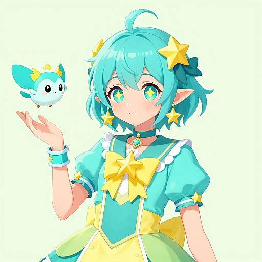 Digital anime-style drawing of a blue-haired, star-adorned elf girl with yellow eyes, wearing a teal and yellow dress, holding a small star