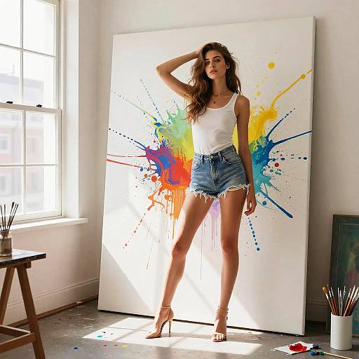 Skinny Tween Painting in Bright Studio